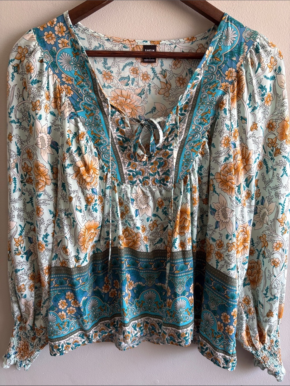 SHEIN Boho Floral Border Print Tie Neck‎ Peasant Blouse Women’s M